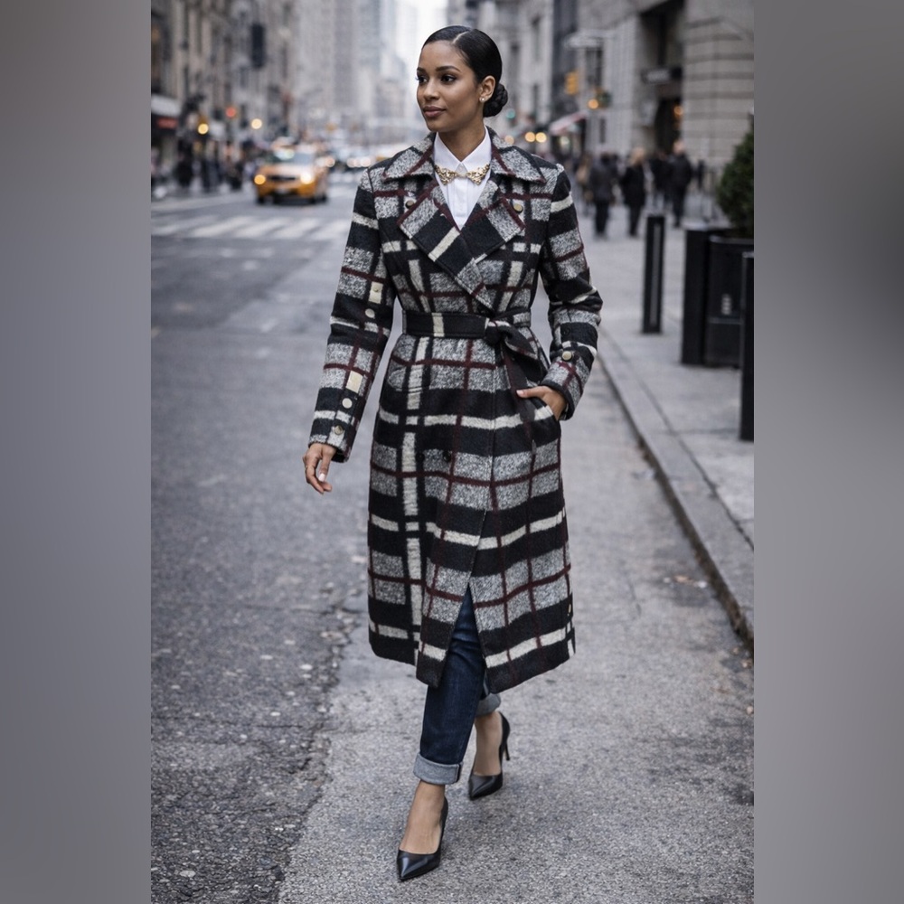 RACHEL Rachel Roy Plaid Wool Blend Pea Coat Belted Black White | Size Small